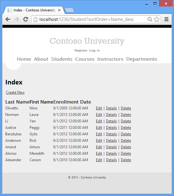 내림차순으로 표시된 학생 목록이 있는 Contoso University Students 인덱스 페이지를 보여 주는 스크린샷