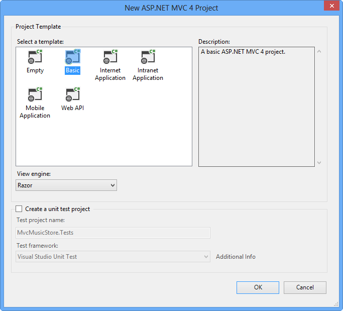 새 ASP.NET MVC 4 프로젝트 대화 상자
