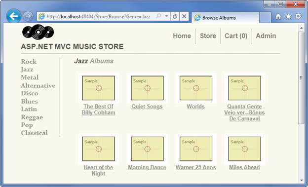 지정된 장르의 앨범 컬렉션을 보여 주는 ASP dot Net 음악 저장소 장르 앨범 선택 메뉴의 스크린샷.