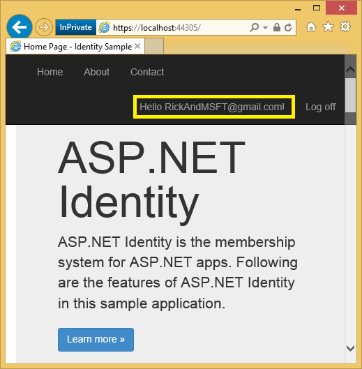 ASP dot NET 앱 홈페이지를 보여 주는 스크린샷. 샘플 사용자 ID가 강조 표시됩니다.