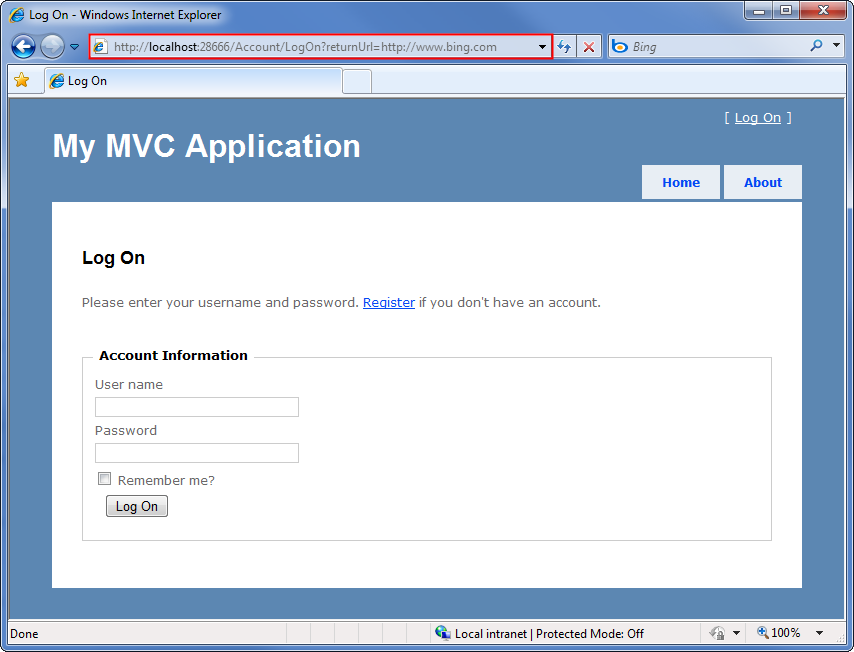 내 M V C 애플리케이션 로그온 페이지를 보여 주는 스크린샷. 제목 표시줄이 강조 표시되고 외부 반환 U R L로 채워집니다.