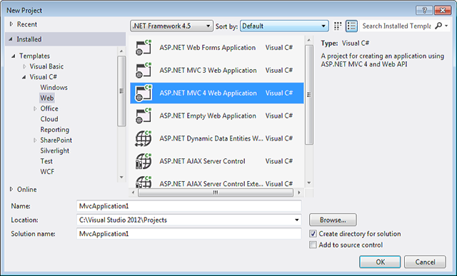 새 ASP.NET MVC 애플리케이션