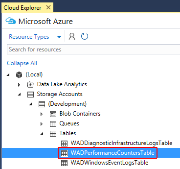 Visual Studio Cloud Explorer WAD 성능 카운터 테이블 선택