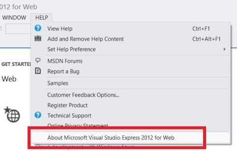 도움말 드롭다운 메뉴를 보여 주는 스크린샷 약 Microsoft Visual Studio Express 2012 for Web은 빨간색 원으로 표시됩니다.