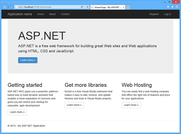 와이드 브라우저 창의 Web Forms 템플릿 앱 홈페이지를 보여 주는 스크린샷