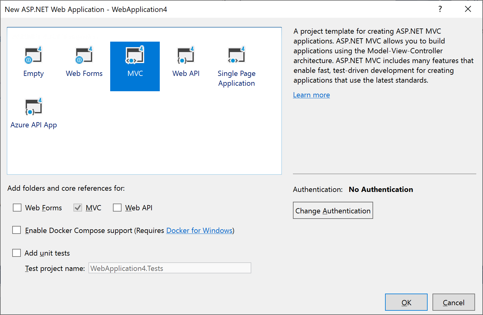 Visual Studio의 새 ASP.NET 프로젝트 대화 상자의 MVC 템플릿