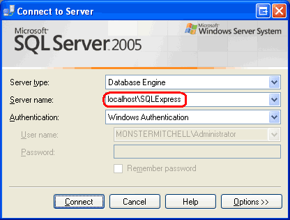 SQL Server Management Studio 서버에 연결 창을 보여 주는 스크린샷