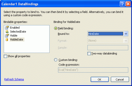 SelectedDate 및 VisibleDate 속성을 HiredDate 데이터 필드에 바인딩