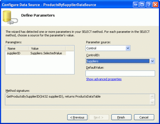 ControlParameter를 사용하여 GridView의 SelectedValue를 매개 변수 원본으로 지정