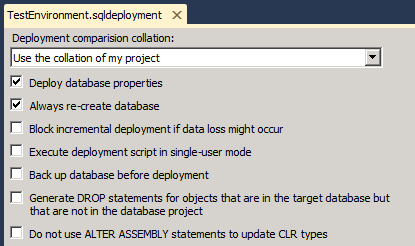 파일 이름 .sqldeployment 페이지에서 대상 환경의 요구 사항과 일치하도록 배포 속성을 설정한 다음 파일을 저장합니다.