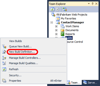 Visual Studio 2010의 팀 Explorer 창에서 팀 프로젝트 노드를 확장하고 빌드를 마우스 오른쪽 단추로 클릭한 다음 새 빌드 정의를 클릭합니다.