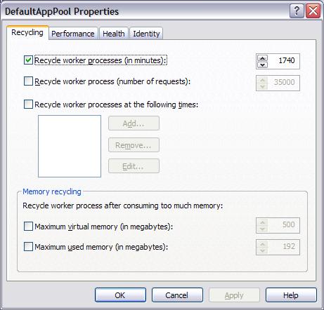 작업자 프로세스 재활용(분)이 선택된 Windows IIS DefaultAppPool 속성 화면의 스크린샷