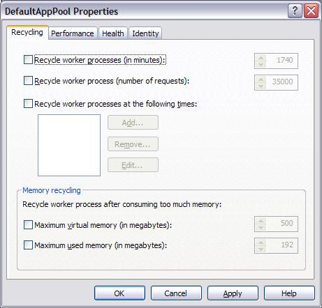 휴지통 작업자 프로세스 옵션(분)이 선택 취소된 Windows IIS DefaultAppPool 속성 화면의 스크린샷