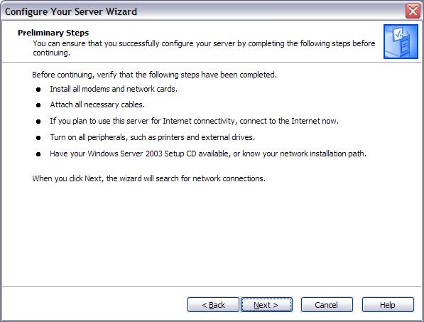 서버 구성 마법사의 Windows 예비 단계 화면 스크린샷 다음 단추가 강조 표시됩니다.
