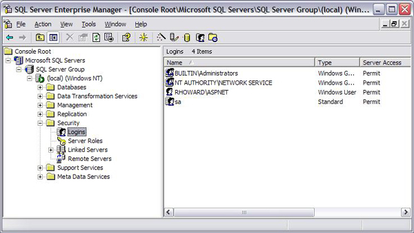 Windows SQL Enterprise Manager 화면의 스크린샷. 메뉴에 로그인이 강조 표시되어 있습니다.