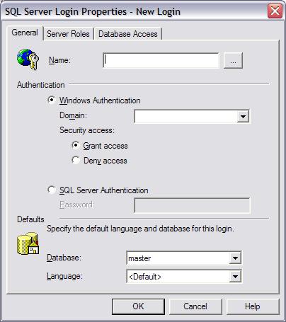 일반 탭이 선택된 Windows SQL Enterprise Manager SQL Server 로그인 속성 화면의 스크린샷