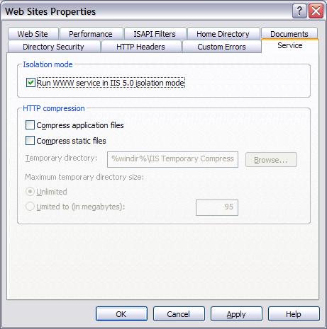 Windows IIS 관리자 웹 사이트 속성 화면의 스크린샷. 서비스 탭이 선택되어 있습니다.
