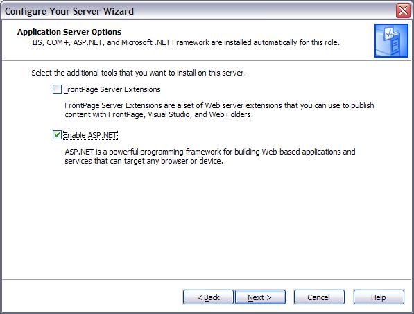 애플리케이션 서버 옵션이라는 Windows 서버 구성 마법사 화면의 스크린샷 ASP.NET 사용 확인란이 선택되어 있습니다.