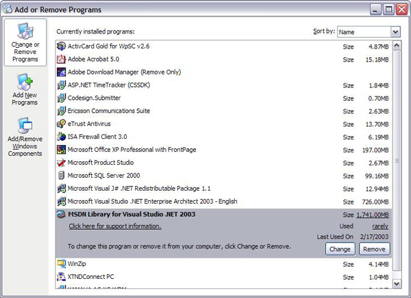 VISUAL Studio .NET 2003용 MSDN 라이브러리 옵션이 강조 표시된 프로그램 추가 또는 제거 화면의 스크린샷