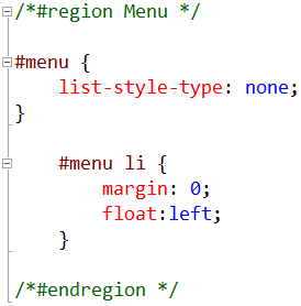 코드 편집기를 보여 주는 스크린샷. 사용되는 스타일 블록은 지역 메뉴에 사용됩니다.
