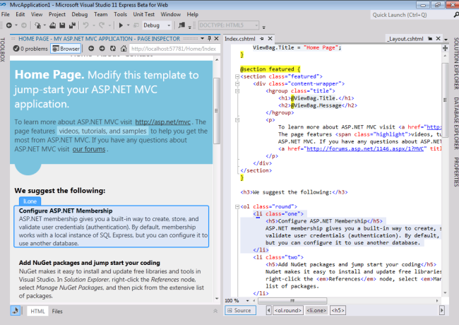 Visual Studio 코드를 보여 주는 스크린샷 오른쪽 창에는 소스 코드가 있고 왼쪽 창은 웹 페이지를 렌더링합니다.