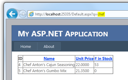 내 ASP 점 Net 애플리케이션 페이지의 브라우저를 보여 주는 스크린샷. Cajun Food에는 두 가지 변수가 나열되어 있습니다.