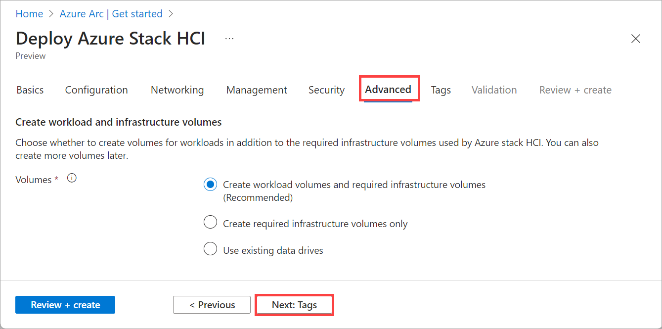 Azure Portal을 통한 배포의 고급 탭 스크린샷
