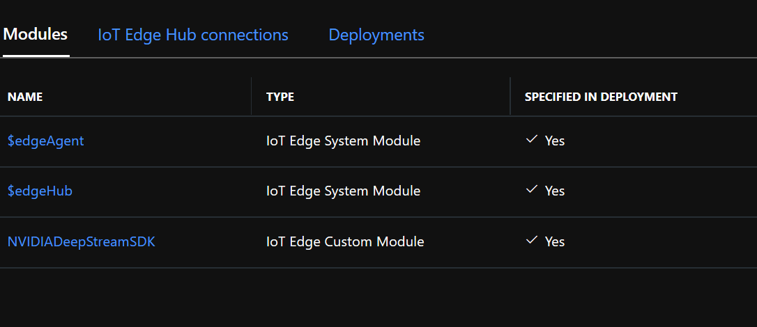 모듈 및 IoT Edge Hub Connections 스크린샷
