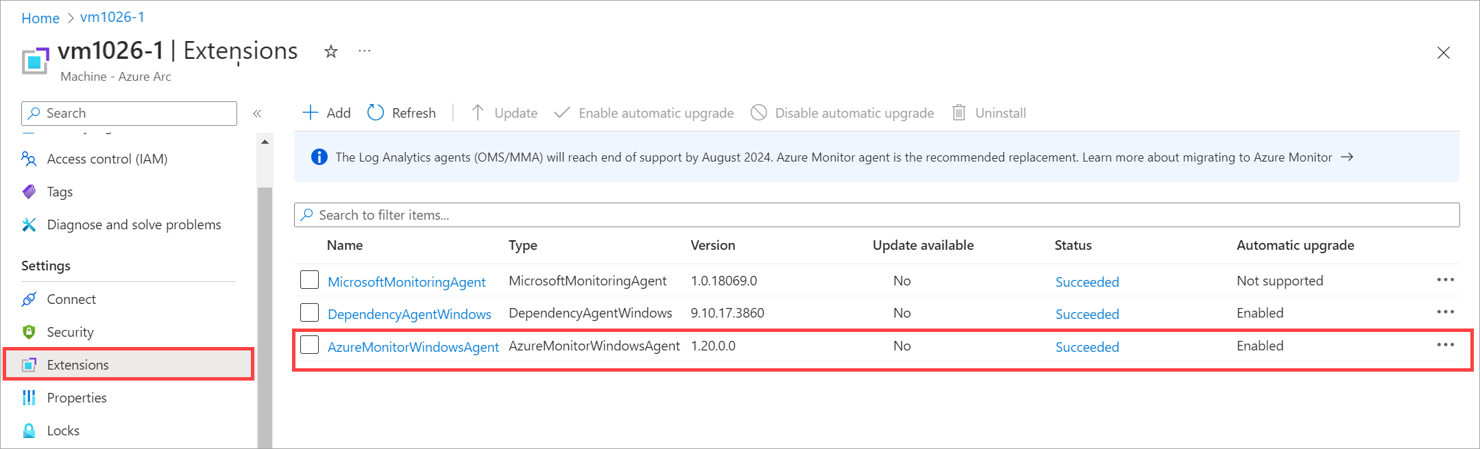 선택한 Arc VM에서 Azure Monitor 확장 설치 구성을 보여 주는 스크린샷