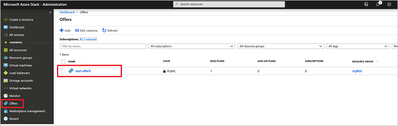Screenshot that shows how to select an offer to update with add-on plan in Azure Stack administrator portal.