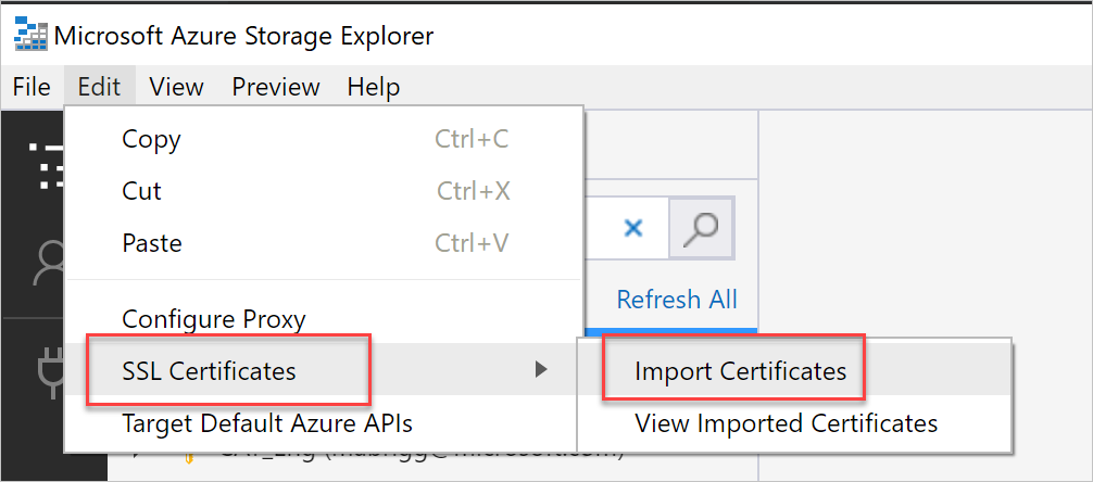 인증서를 Storage Explorer 가져옵니다.