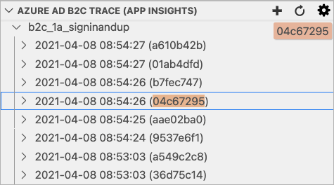 Azure AD B2C 추적 탐색기 필터가 강조 표시된 Azure AD B2C 확장의 스크린샷