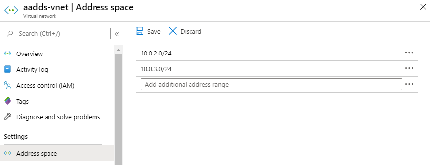 Add an additional virtual network IP address range in the Microsoft Entra admin center