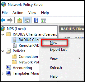 NPS 콘솔에서 새 RADIUS 클라이언트 만들기