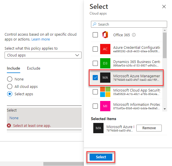 새 정책을 적용할 앱인 Microsoft Azure Management를 선택하는 조건부 액세스 페이지의 스크린샷.