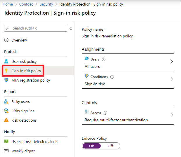 Screenshot of how to enable the sign-in risk policy in the Azure portal