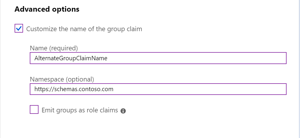 선택한 그룹 클레임의 이름과 입력된 이름 및 네임스페이스 값을 사용자 지정하는 옵션이 있는 고급 옵션을 보여 주는 스크린샷.