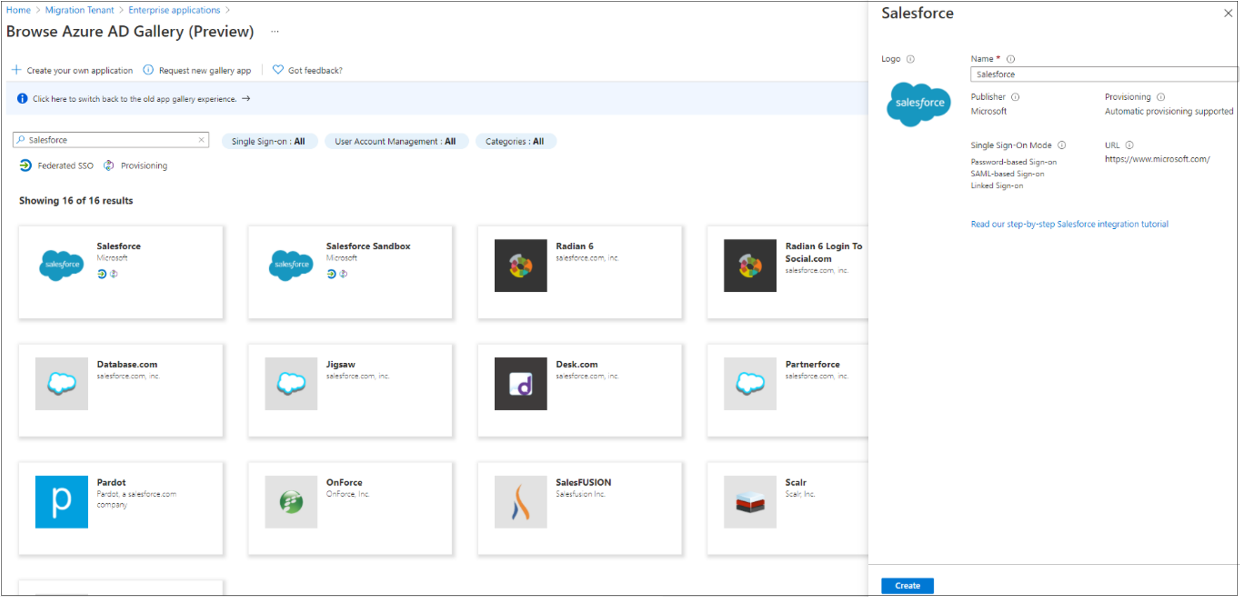 Screenshot that shows the Salesforce application in Azure A D Gallery.