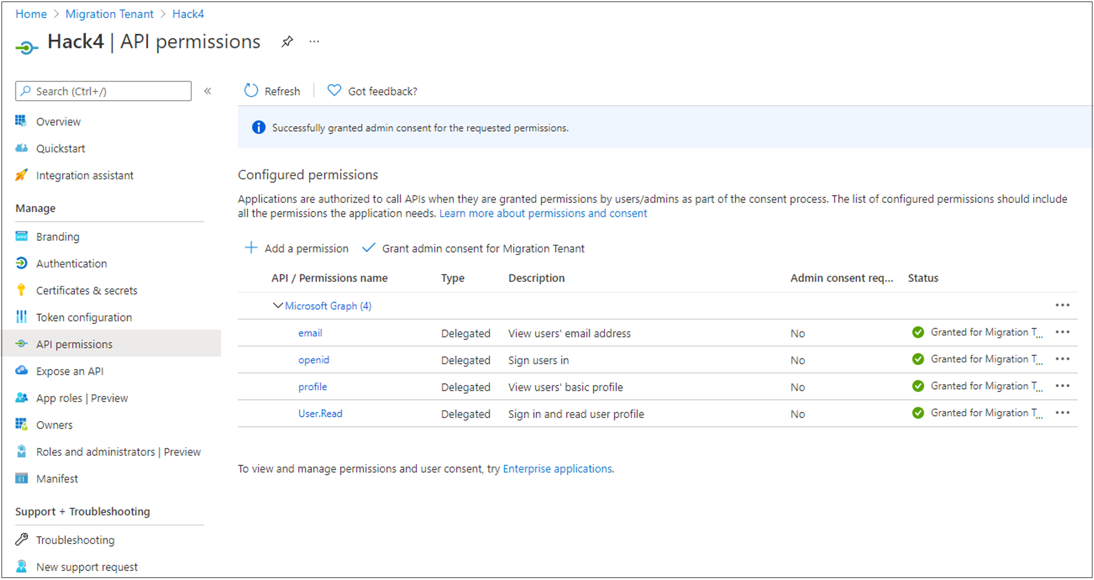 Screenshot of the Successfully granted admin consent for the requested permissions message, under API permissions.