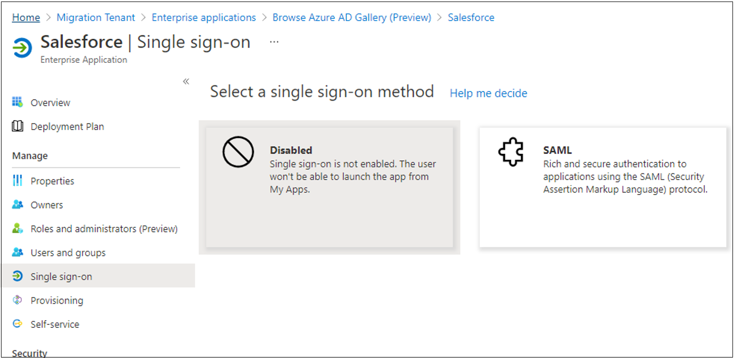 Screenshot of the SAML option on Single sign-on.