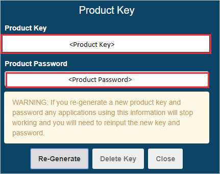 Screenshot of the Product Key section with the Product Key and Product Password text boxes called out.
