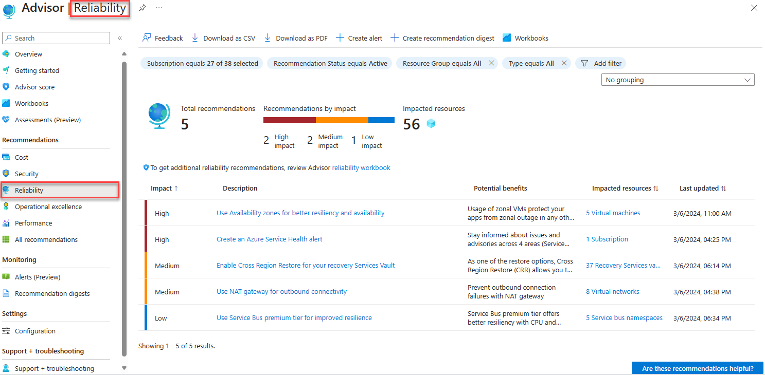 Screenshot of the Azure Advisor Reliability recommendations page, example.