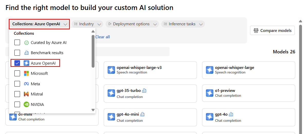 카탈로그에서 Azure OpenAI 모델로 필터링하는 방법을 보여 주는 스크린샷.