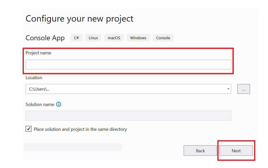 Visual Studio의 새 프로젝트 구성 페이지 스크린샷