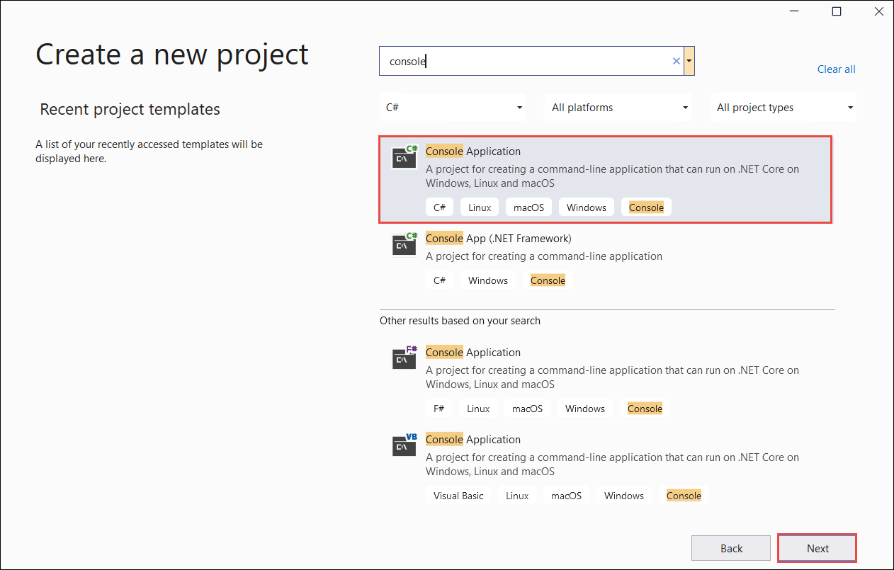 Visual Studio 새 프로젝트 만들기 페이지의 스크린샷.