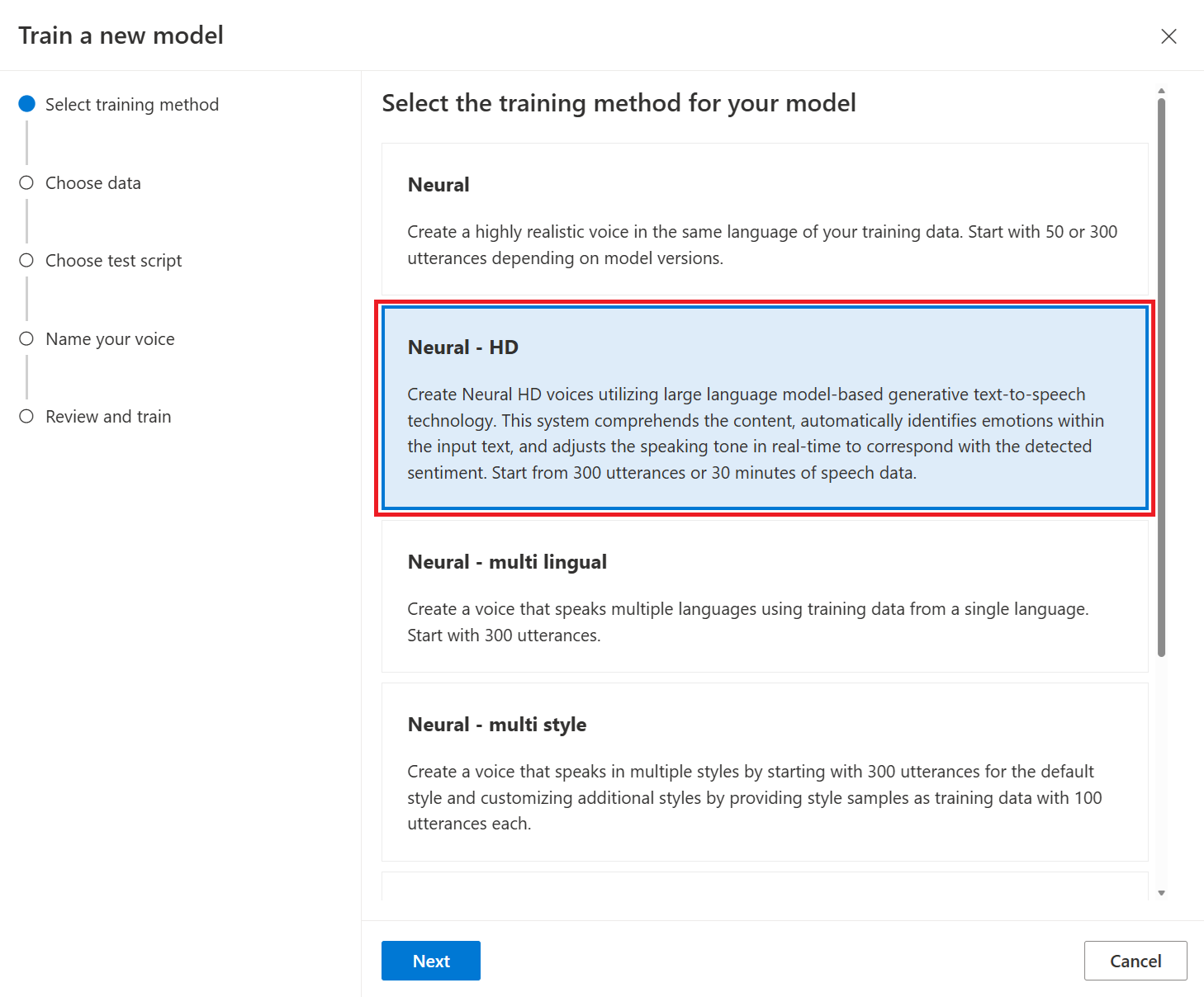신경망 HD 음성 학습을 선택하는 방법을 보여 주는 스크린샷