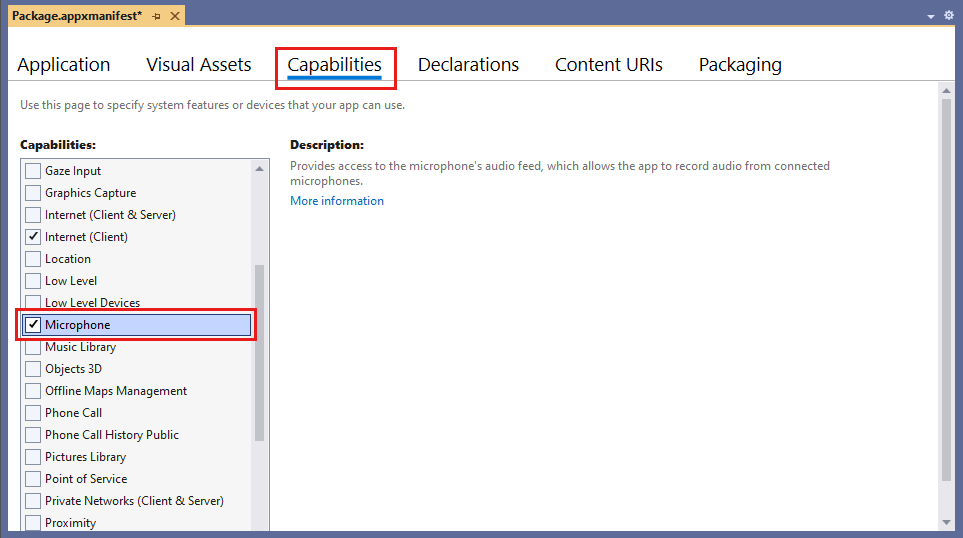 Screenshot of Visual Studio that shows the Capabilities tab in the package application manifest.