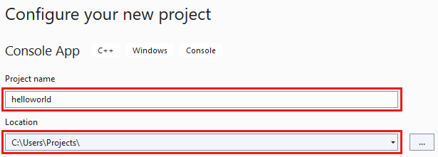 Visual Studio에서 새 프로젝트를 구성하기 위한 선택 스크린샷