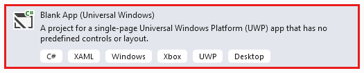 Screenshot that shows the window for creating a new project, with Blank App (Universal Windows) selected and the Next button highlighted.