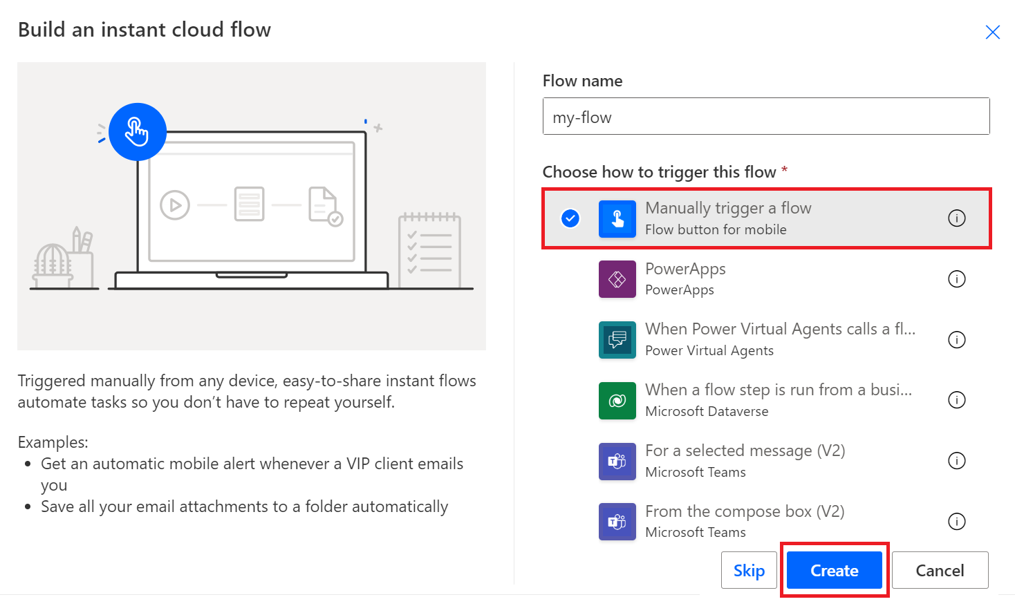 Screenshot showing how to manually trigger a flow.